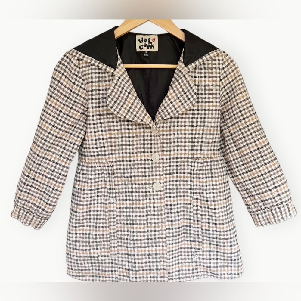 Volcom 3/4 Sleeve Button Up Brown Plaid Hooded Lined Coat. Jacket. Small.